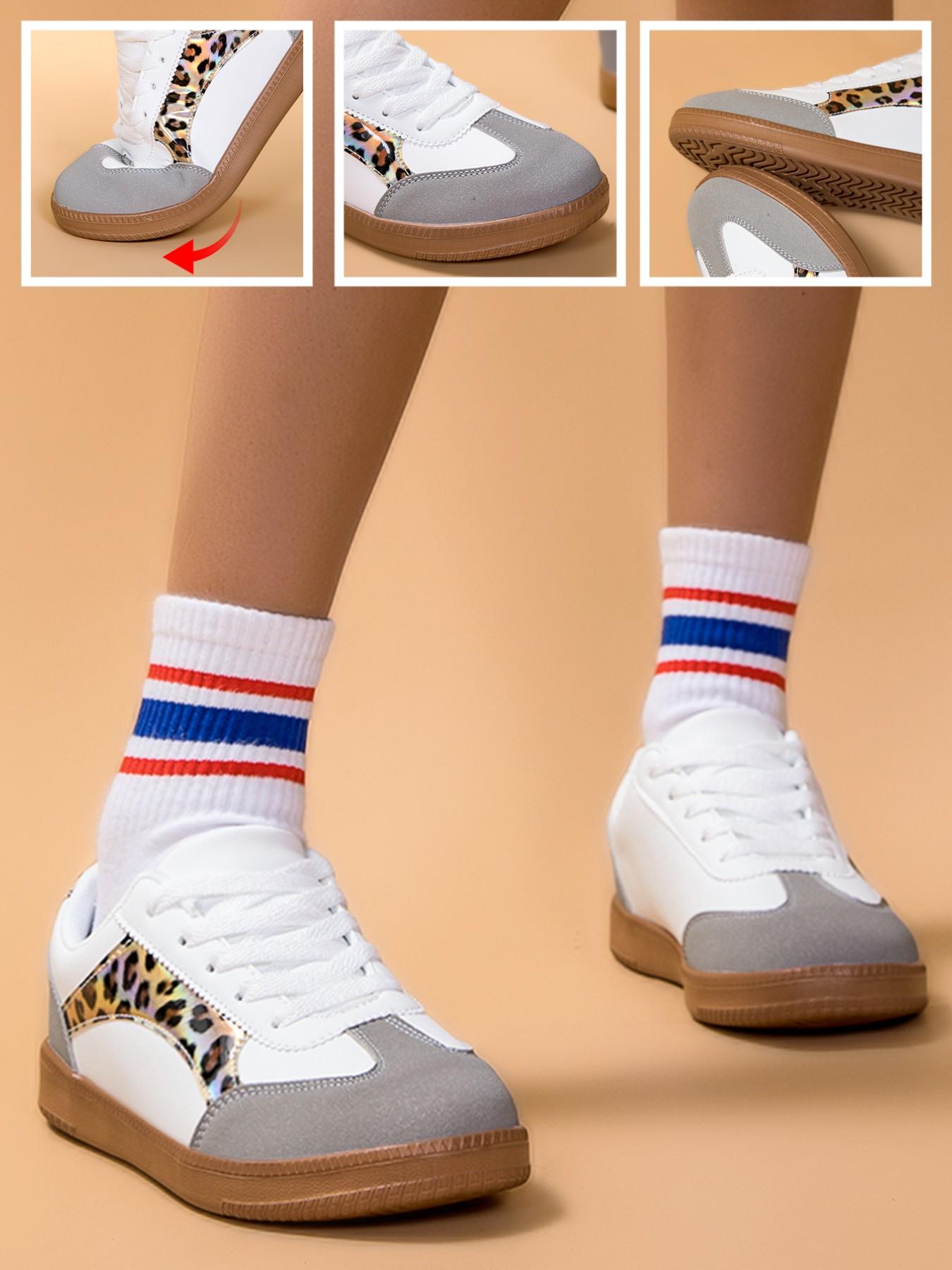 Dn. Monkeys Unisex Retro Leopard Print Sneakers, Laser Cut Patchwork Design, Casual Low Top PU Leather Shoes, All Seasons Comfort