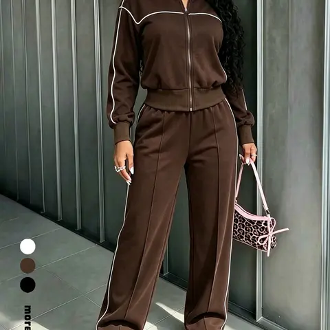 Women's Colorblock Line Casual Two-Piece Set, Stand Collar Zipper Sweatshirt + High Waist Wide Leg Pants, Sporty Style, Clothes
