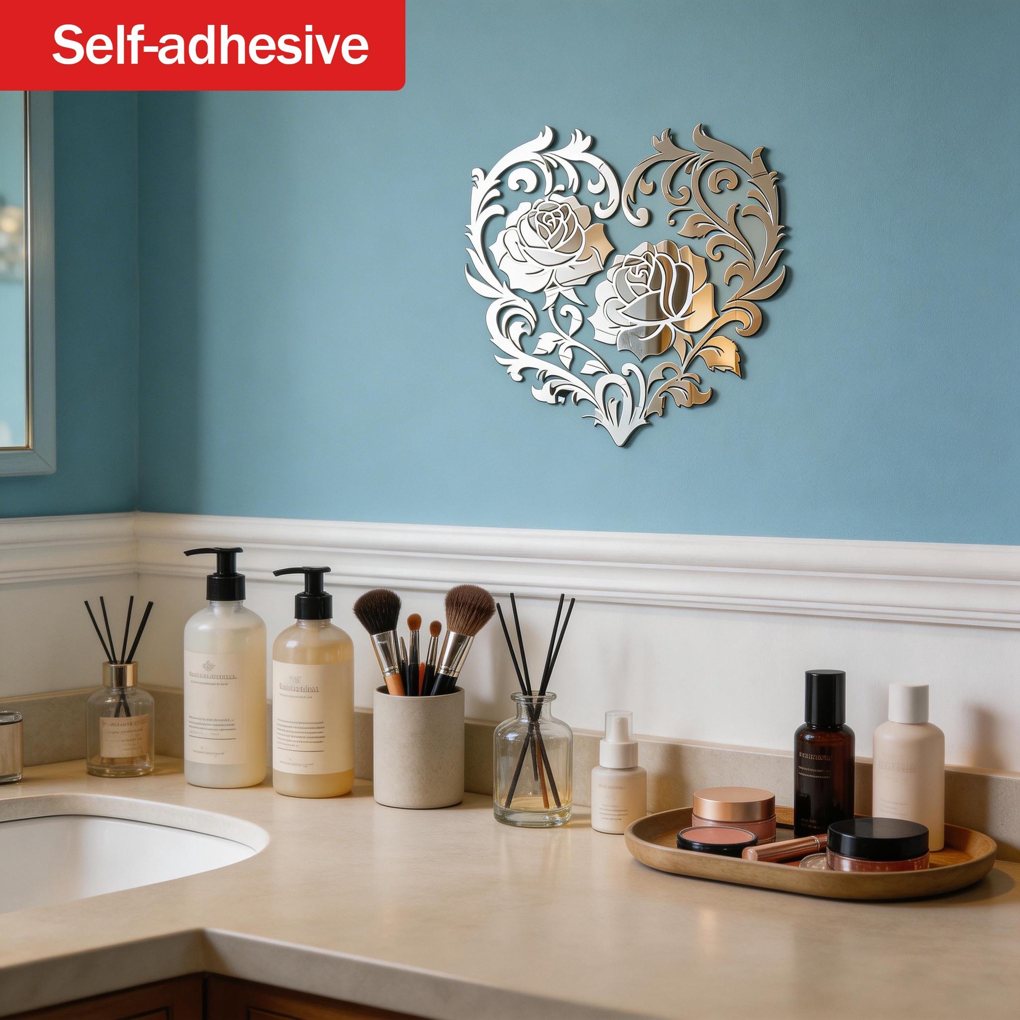 Mirror Rose Heart Art Self-Adhesive Wall Hanging Makeup Mirror, Romantic Decorative Wall Mirror for Living Room Bedroom, Luxury Atmosphere