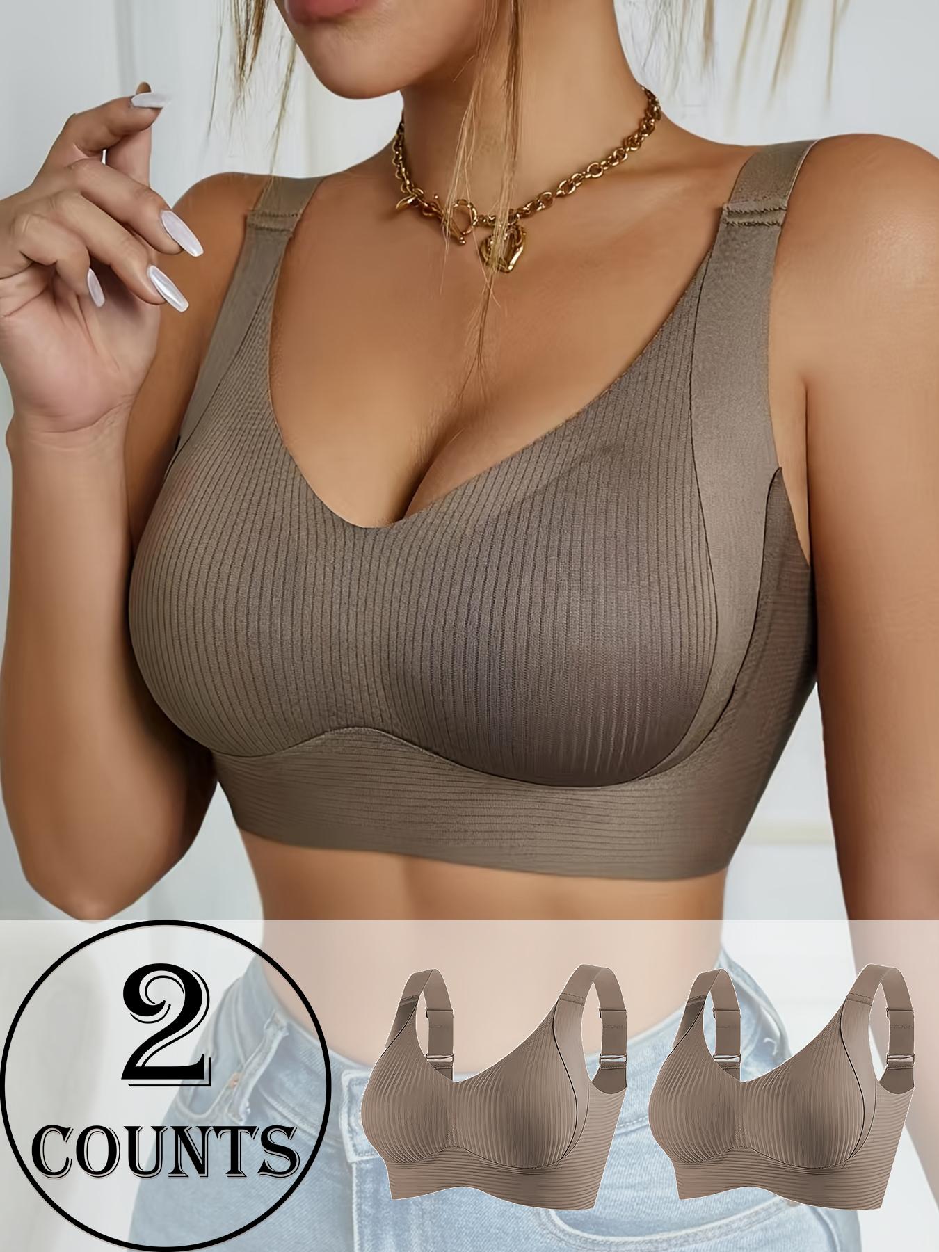 Women's Seamless Wireless Bra, Adjustable Wide Shoulder Straps, Comfortable Breathable Daily Wear, Ribbed Stripe Design