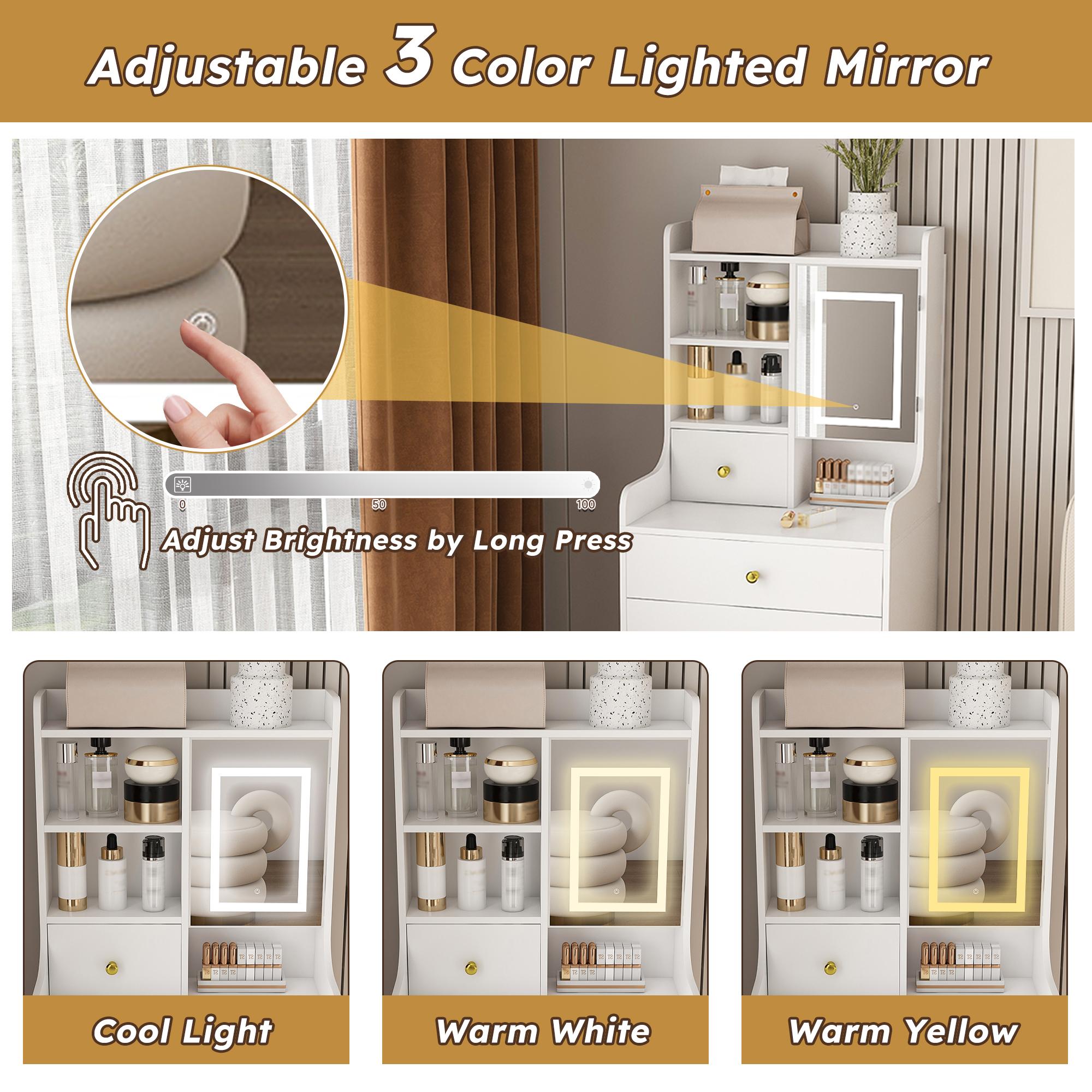 Makeup Vanity Table for Small Spaces, 3-in-1 Dressing Table with LED Mirror & Storage Stool, Compact Vanity with 4 Drawers, Storage Cabinet & Hidden Stool, Space-Saving Makeup Vanity Desk for Bedroom or Apartment (White) Makeup Vanity Table for Small Spaces, 3-in-1 Dressing Table with LED Mirror & Storage Stool, Compact Vanity with 4 Drawers, Storage Cabinet & Hidden Stool, Space-Saving Makeup Vanity Desk for Bedroom or Apartment (White)