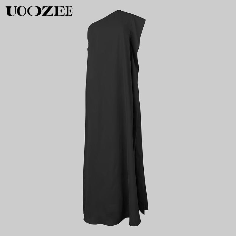 UOOZEE Women's Casual Loose Asymmetric Solid Color Split-Joint One-Shoulder Maxi Dresses, Party, Holiday Elegant Style, Chiffon Fabric, birthday outfit One Size Up Recommended for C - Cup and Above