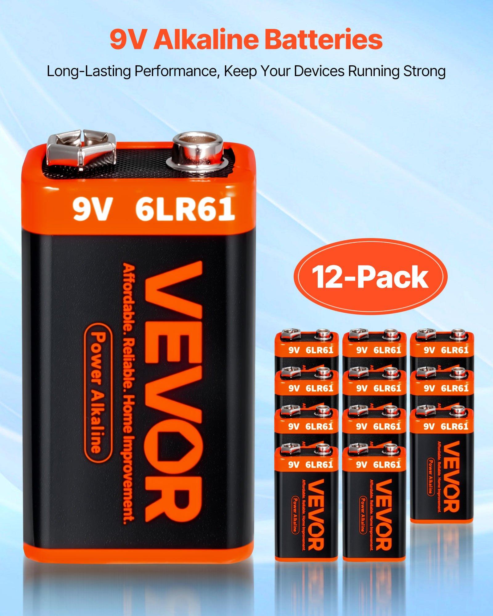 VEVOR 9V Alkaline Batteries, 12-Pack, 9 Volt Square Battery for Smoke Detector, 10-Year Shelf Life, Long Lasting, All-Purpose, for Fire Alarm, Household Office Business Devices, Electronics & Audio