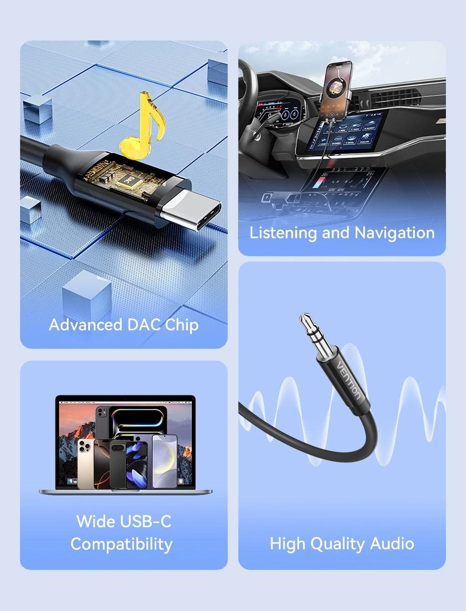 Vention USB-C Male to 3.5mm Male Jack Headphone Adapter Audio Cable with DAC Adapter Aux Audio All Earphone HiFi Splitter Cable 1m 1.5m