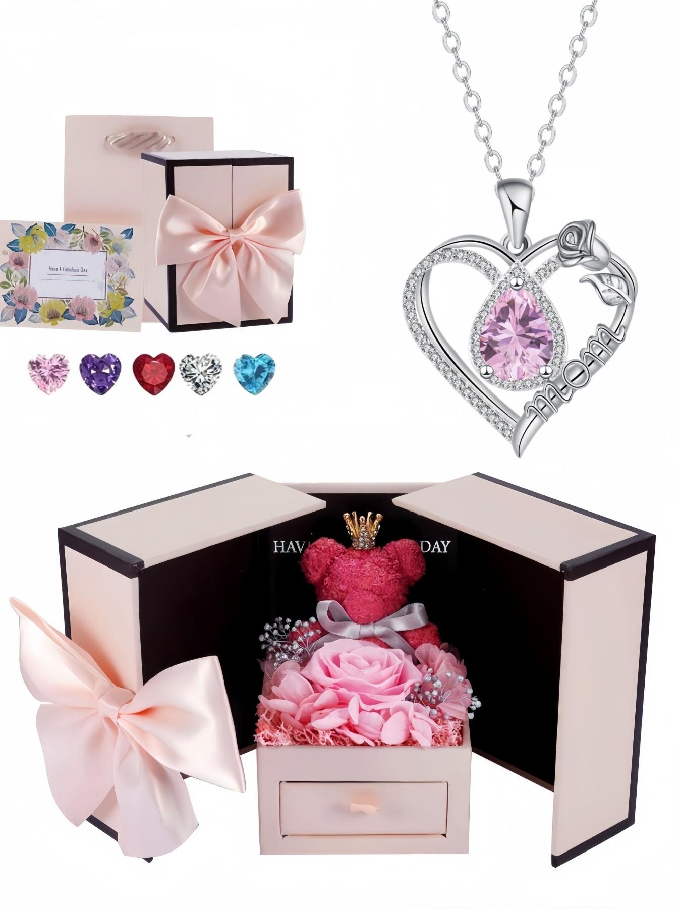 Diamond Drop Rose Heart Mom Luxury premium heart-shaped MOM teardrop gem necklace.Paired with a preserved rose & teddy bear jewelry gift box.Perfect mysterious gift for festivals, birthdays, Valentine's Day, Mother's Day and Christmas.