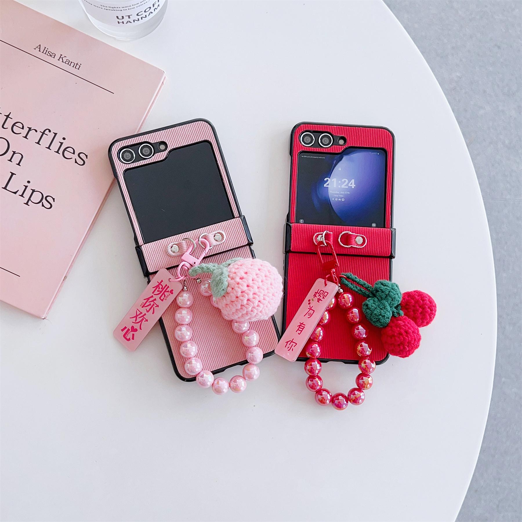 Korean Cute Peach Cherry Beads Ring Pendant Stripes Case for Samsung Galaxy Z Flip 7 Z Flip6 Zflip5 Zflip5 Back Cover