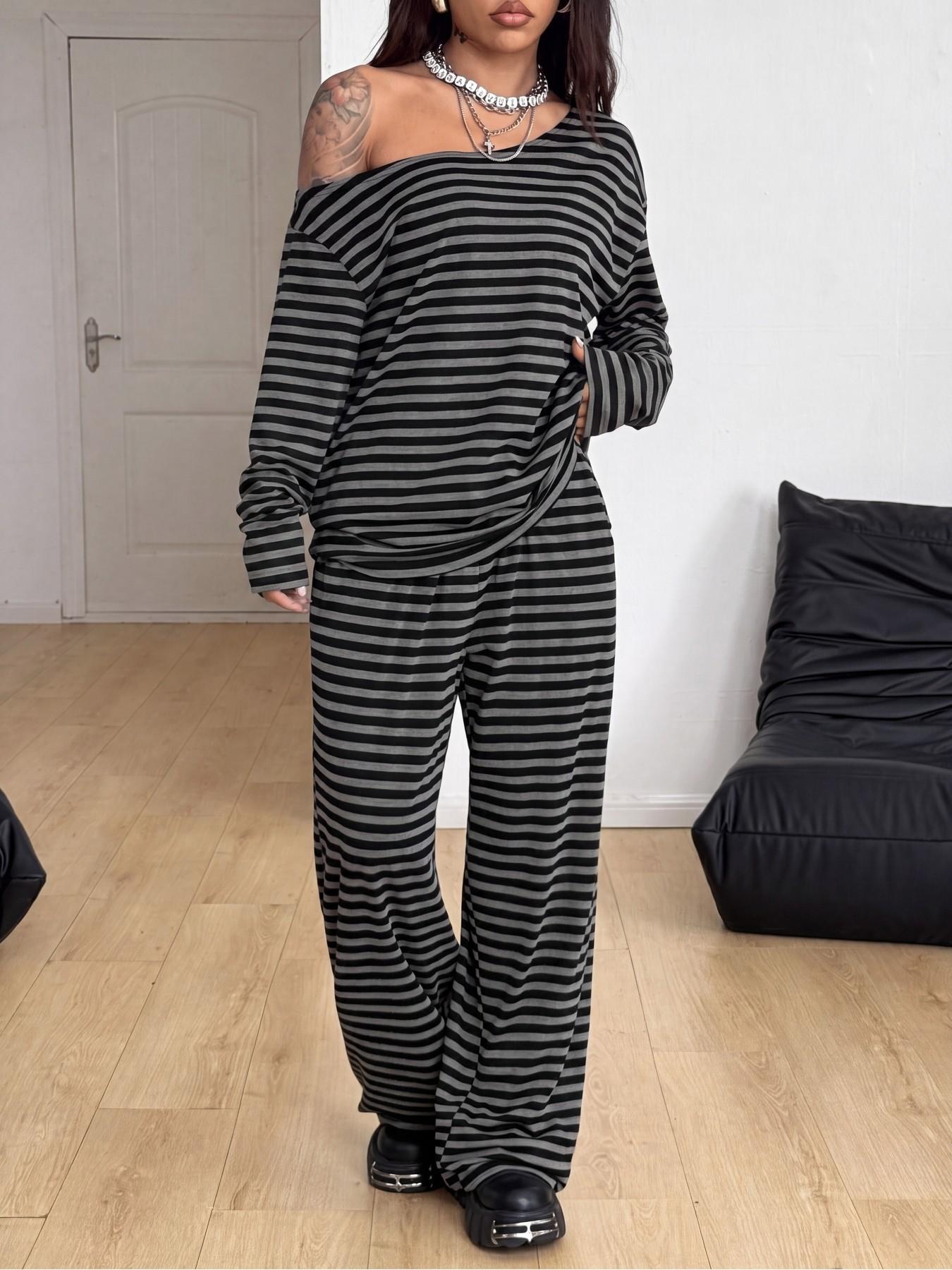 European and American Street Style Four-Season Set, Casual Long Sleeve T-Shirt and Wide Leg Baggy Pants, Comfortable Sportswear for Daily Wear