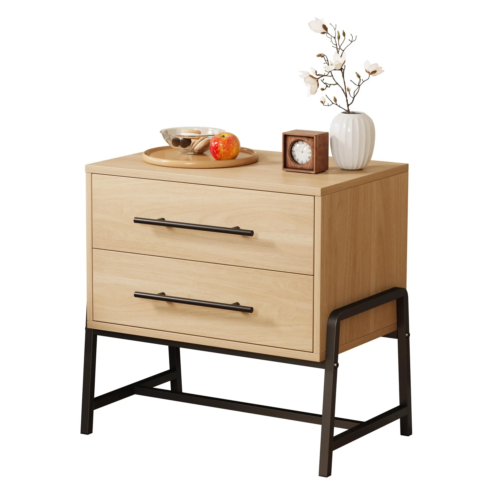 Rustic Nightstand with Drawers, Small Wooden Side Table with Metal Legs, 2-Drawer Furniture for Bedroom and Living Room, Natural Color