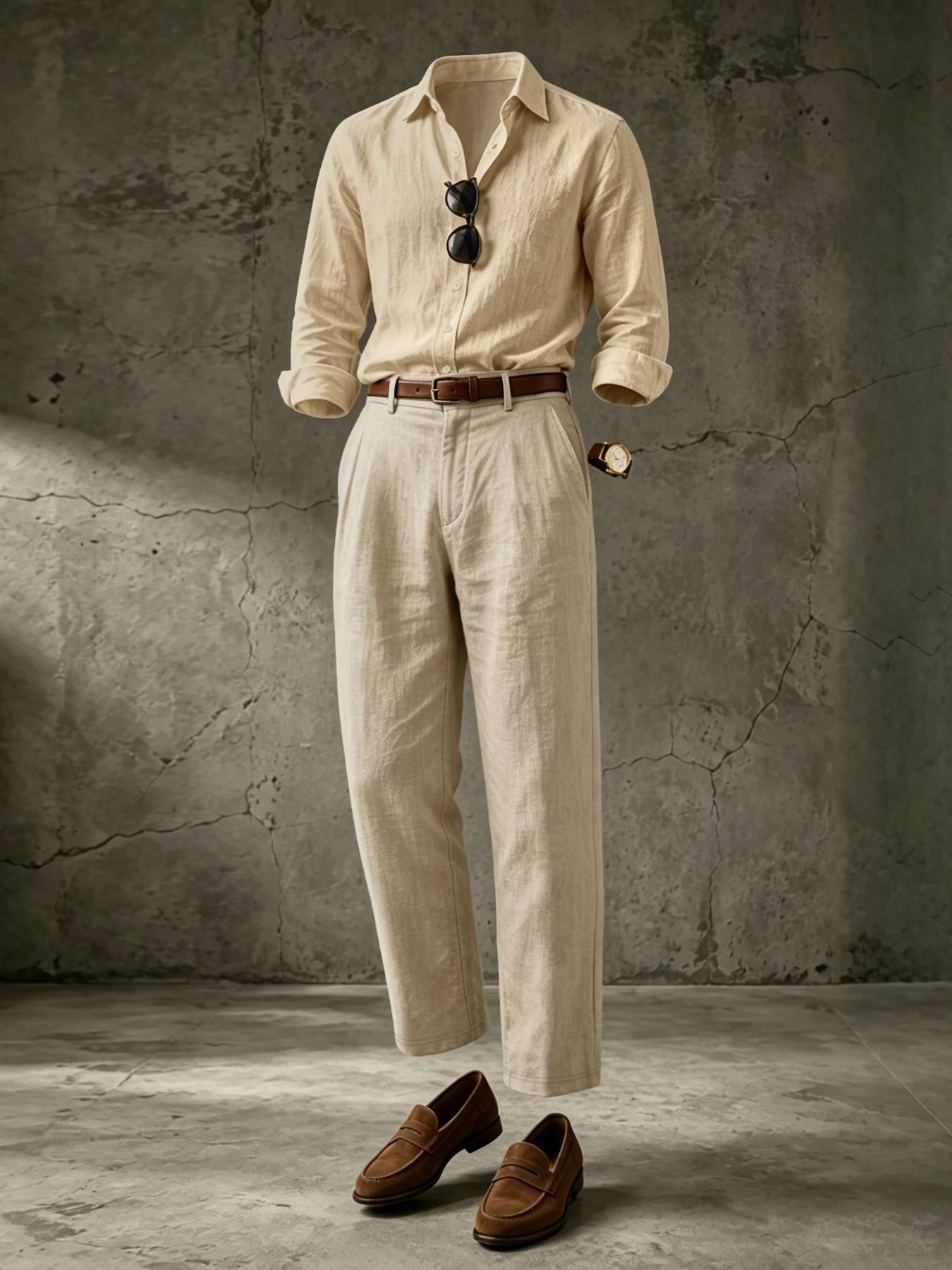 Men's Linen Set, Casual Loose-Fit Blouse and Pants, Long Sleeve Button-Down Shirt, Business Daily Wear, Formal, All Seasons