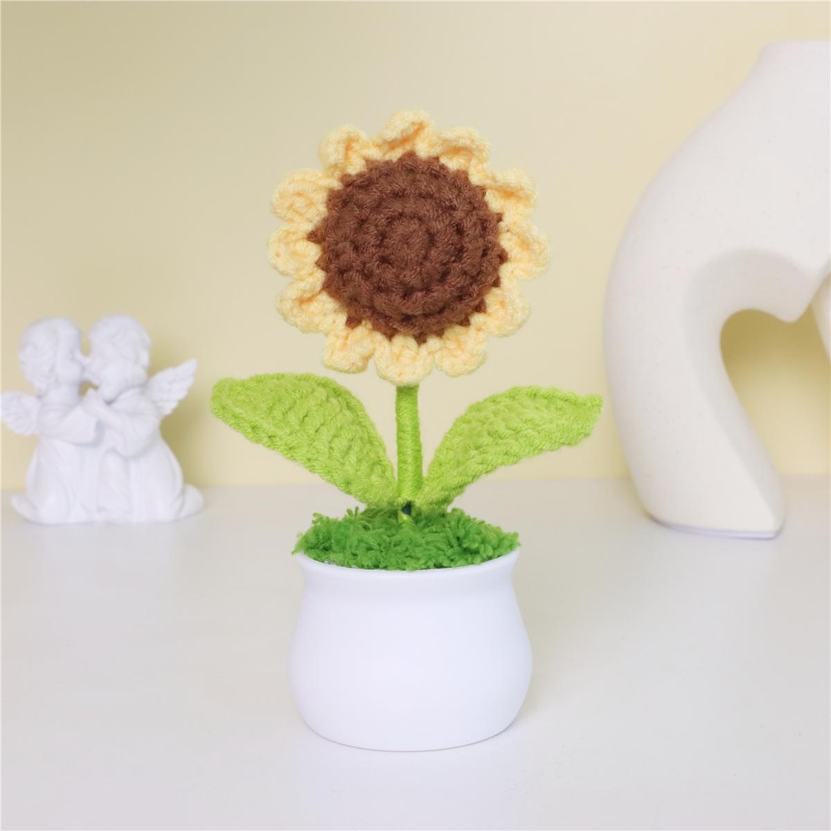 Sunflower Design Artificial Sunflower Crochet Flower Potted Plant, 3 Counts/set Cute, Home Decor Supplies for Living Room Bedroom Office, Decoration Items