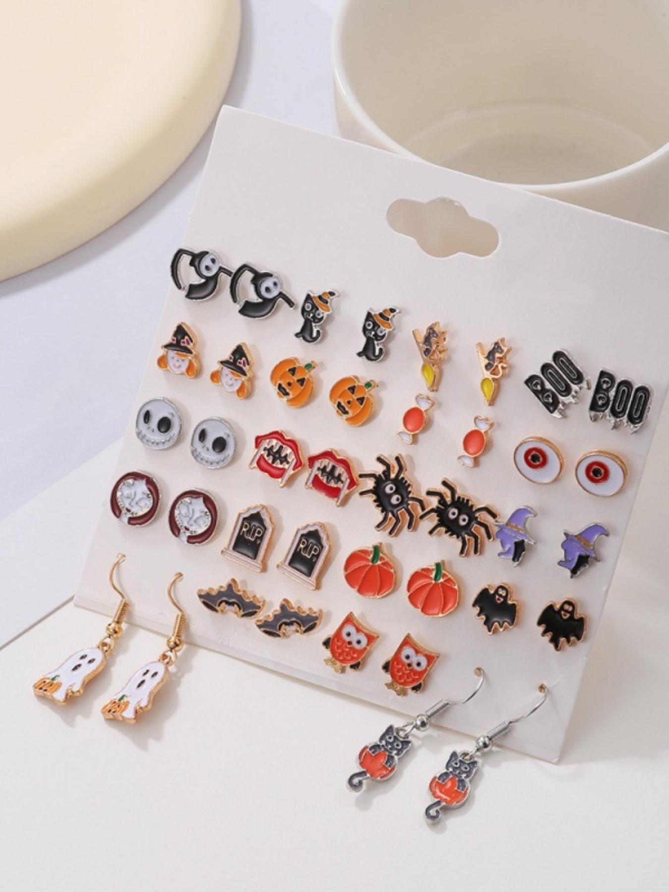 Halloween Spider Eye Earrings Set, 20 Pairs Cartoon Fun Ear Studs, Pumpkin Ghost Design, Perfect for Party Gifts & Pranks