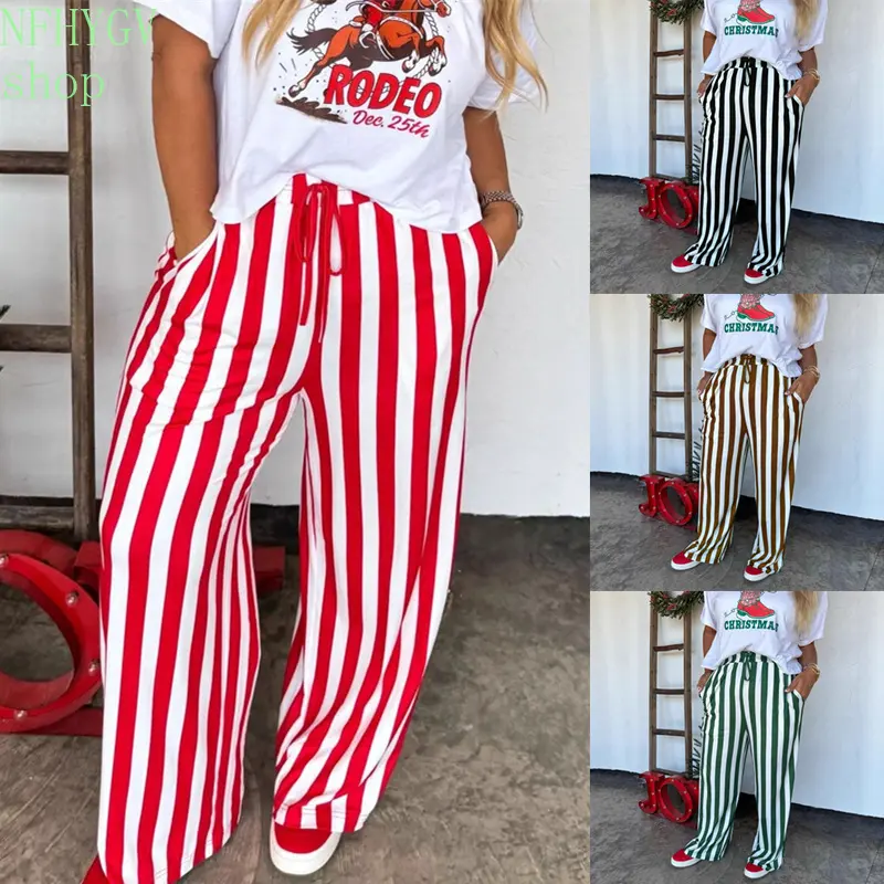 Women’s Vertical Striped Wide Leg Pants, High Waist Loose Casual Trousers With Elastic Drawstring And Side Pockets, Comfy Striped Palazzo Pants For Streetwear, Holidays, Daily Shopping And Spring Summer Outfits
