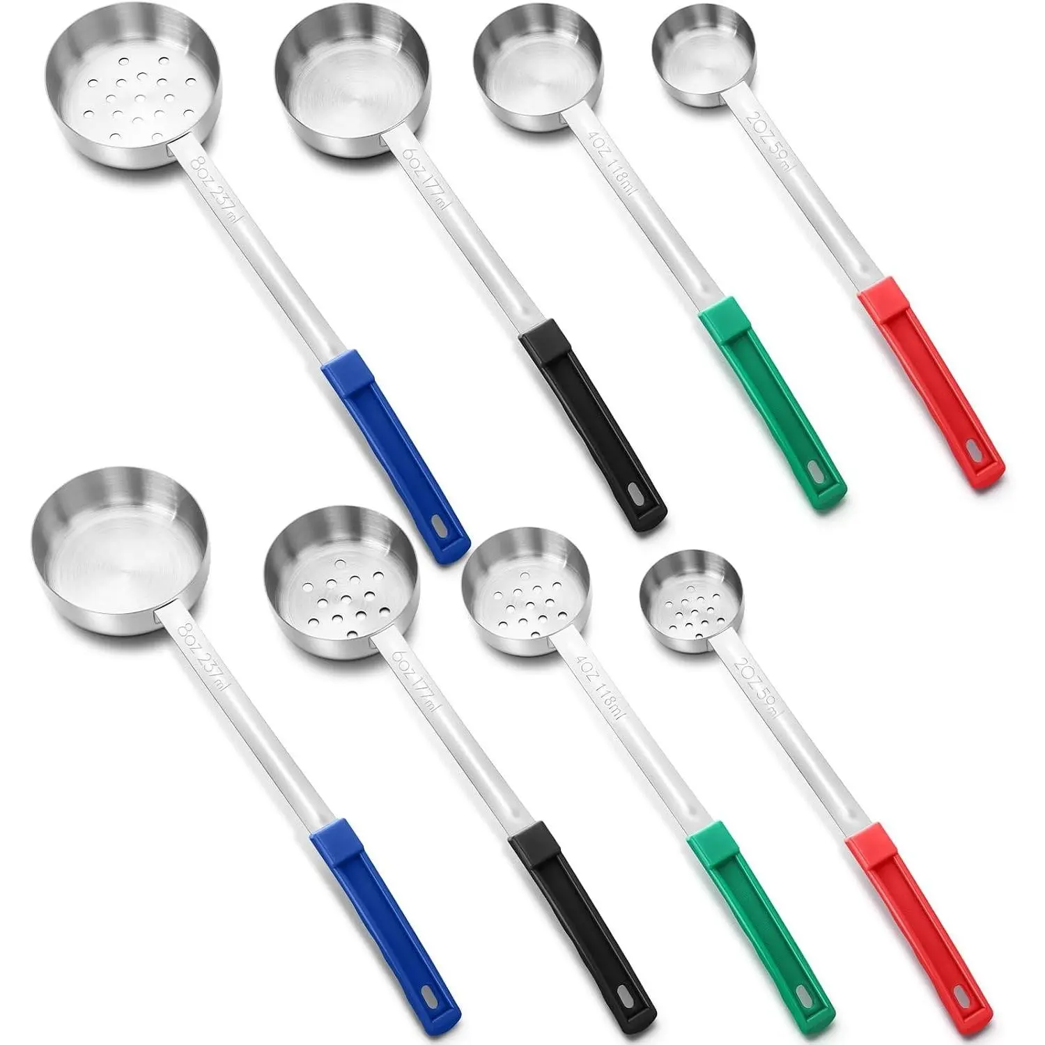 8 Pcs Portion Control Serving Spoons Portion Scoops Cups, Solid and Slotted Stainless Steel Ladle Spoon, Serving Utensils Set for Parties, 4 Colors 4 Sizes