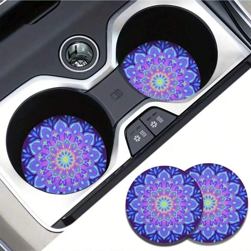 Mandala Flower Pattern Car Coaster, Round Anti-slip Car Cup Holder Coaster, Universal Car Interior Decoration Accessories for Women & Men, Car Trinkets Accessory, Car Interior Set, Car Interior Kit, Car Interior Decorative