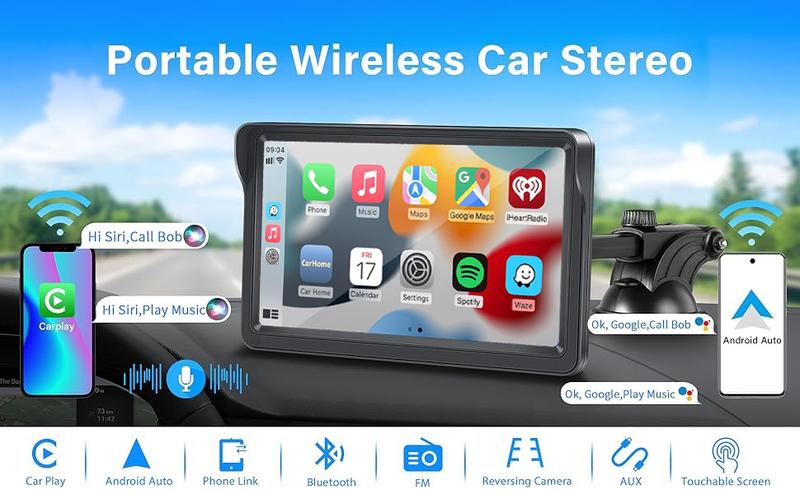 Portable Wireless Apple Carplay & Android Auto Car Stereo with Voice Control,7 Inch Touch Screen Double Din Stereo with Bluetooth, Multimedia Player, Car Audio with Mirror Link/AUX/FM Portable Wireless Apple Carplay & Android Auto Car Stereo with Voice Control,7 Inch Touch Screen Double Din Stereo with Bluetooth, Multimedia Player, Car Audio with Mirror Link/AUX/FM