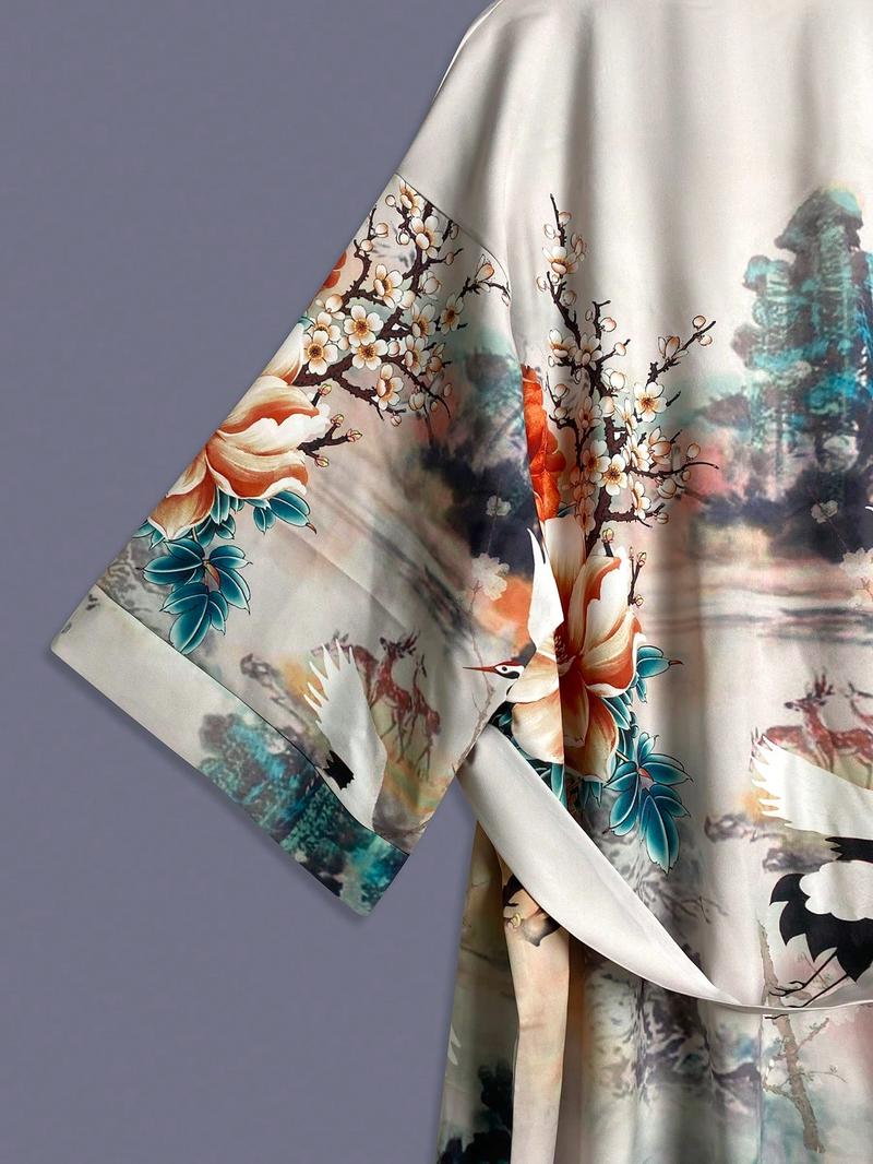 Boho Ethnic Style Crane Floral Print Long Sleeve Kimono Cardigan, Women's Elegant Casual Beach Cover-Up Jacket, Thin Windbreaker Robe Dress Boho Ethnic Style Crane Floral Print Long Sleeve Kimono Cardigan, Women's Elegant Casual Beach Cover-Up Jacket, Thin Windbreaker Robe Dress