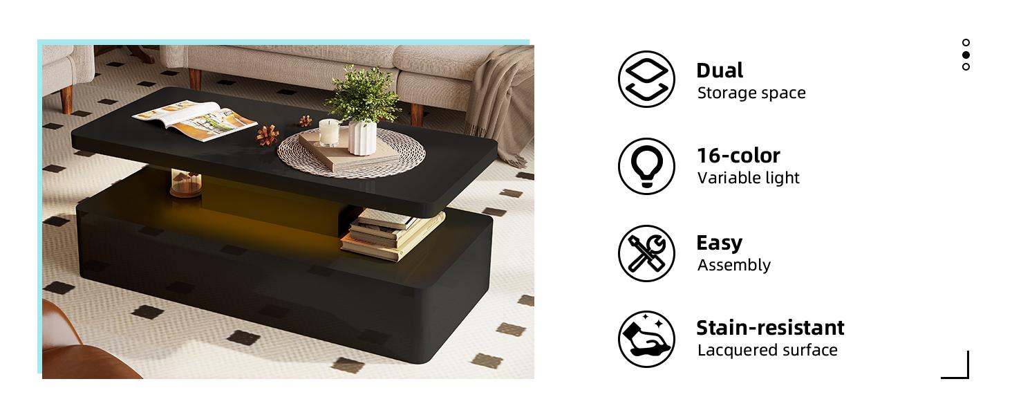 Contemporary Coffee Tables for Living Room, LED Coffee Table with Rounded Corner in 16 Colors, High Gloss 2 Tiers Table with Hidden Power Supply