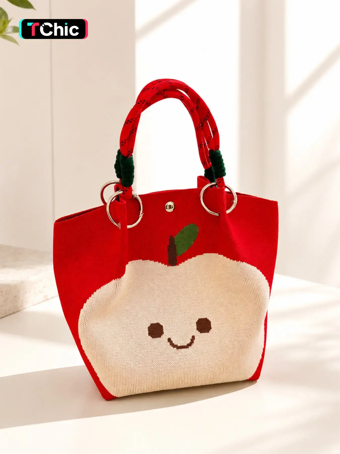 Ladies' Cute Fruit Knitted Tote Bag, Strawberry Cherry Pattern Handbag, Woven Rope Handle with Metal O-ring, Large Lightweight Shoulder Bag, Suitable for Beach Vacation and Daily Shopping