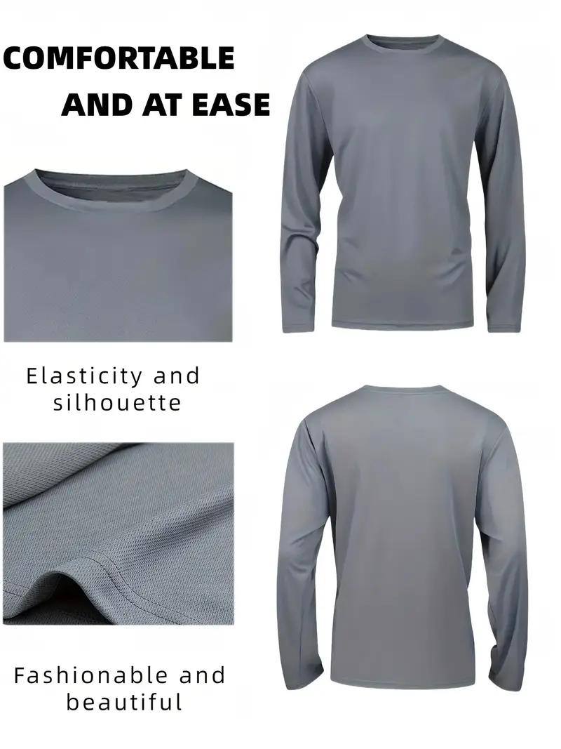5 Piece Men's Quick Dry Long Sleeve Shirt - Moisturewicking, breathable polyester, crew neck, Outdoorfun,solid color casualsportswear, machine washable, moisture wicking garmentsCrew Neck T-Shirt |       Stretchable Material Fathersdaygift