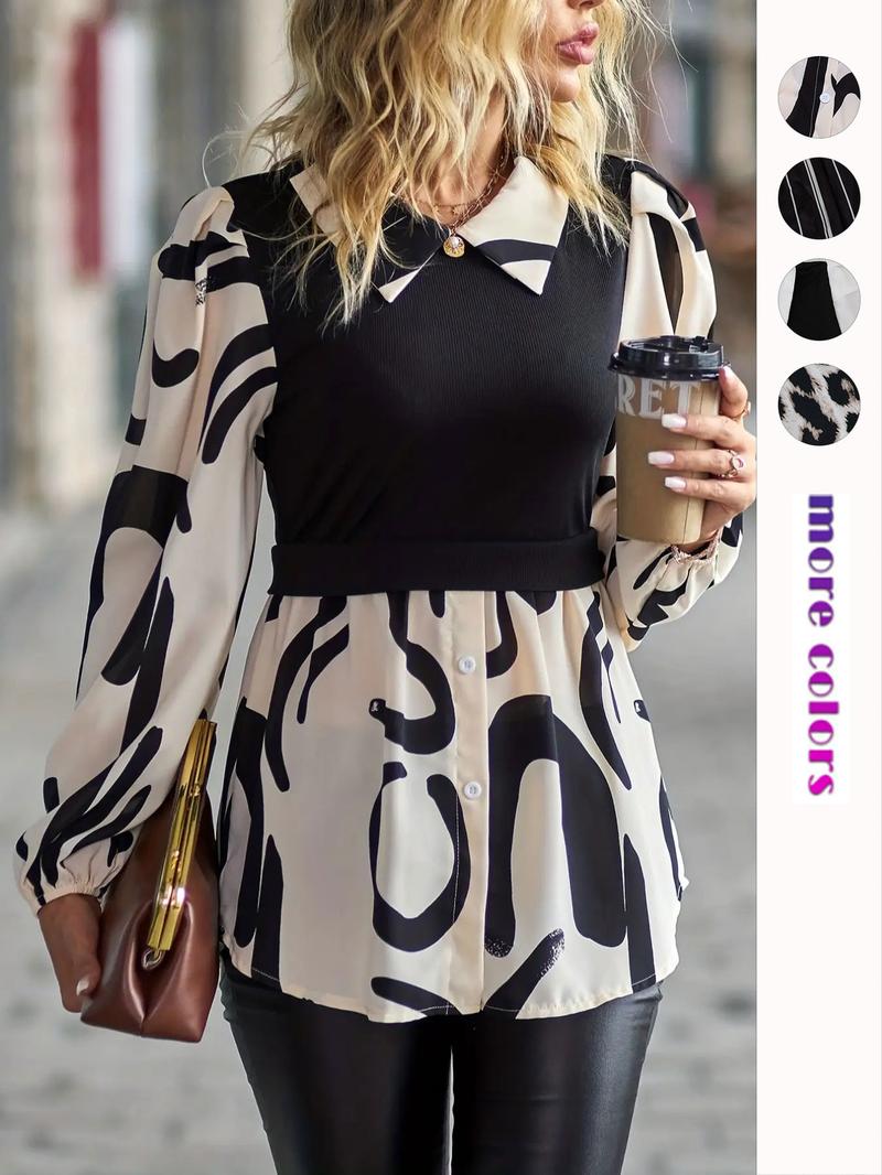 Women's Colorblock 2 in 1 Long Sleeve Button Collared Blouse, Casual Bishop Sleeve Collar Top for Spring & Fall, Women's Clothes for Daily Wear, Vintage 90s Tops