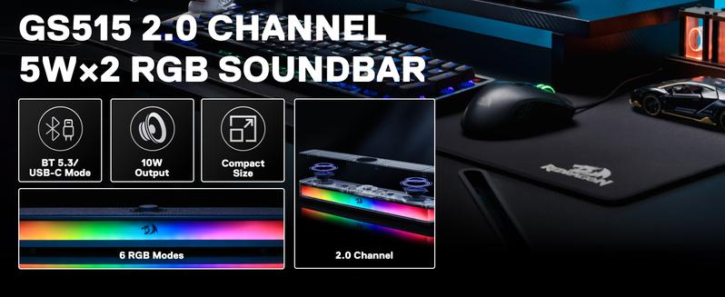 Redragon GS515 RGB Desktop Soundbar, 2.0 Channel Stereo Computer Speakers for Desktop with Bluetooth 5.3, USB-C/USB Powered, Black