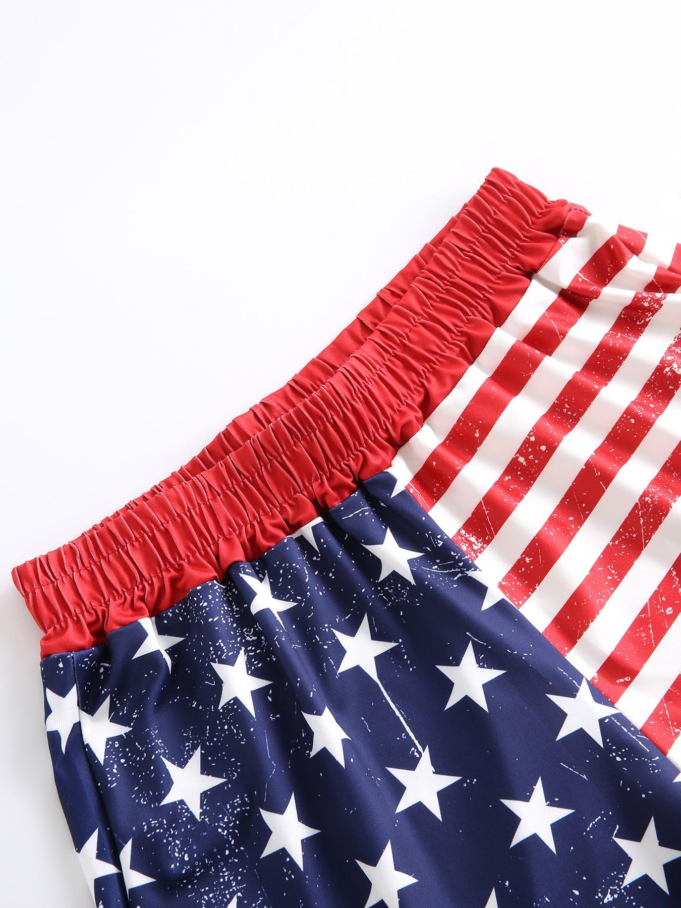 Millennial Streetwear Vintage Usa Flag Print Elastic Waist Loose Fit Shorts, Comfortable Breathable Fabric, Ideal for Summer Outdoor Wear
