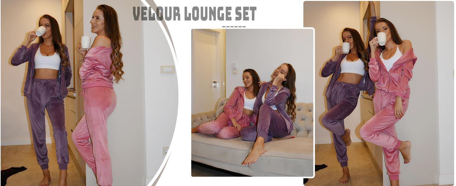 Womens Casual Velour Tracksuit Set Full Zipper Hoodie Workout Pants Velvet Sweatsuit Jogging Suits XS-XXL