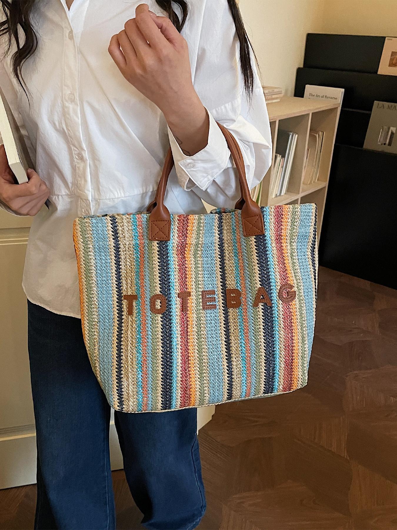 Simple Versatile Letter Decor Handwoven Straw Casual Tote Bag, Carry-Handle Design, Ideal for Daily Use, Beach Vacations, Outdoor Activities
