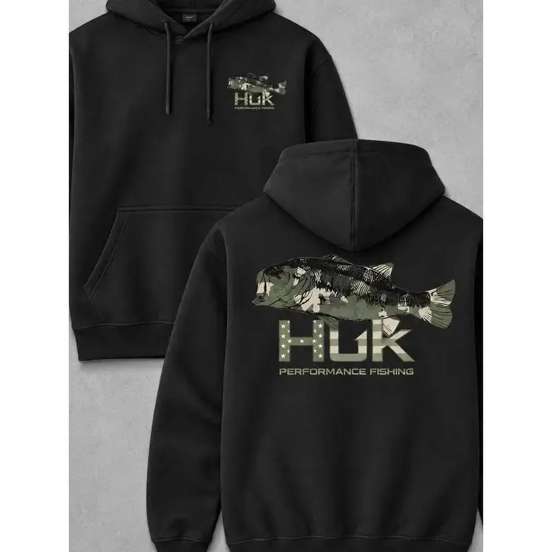 Men's HUK Performance Fishing Hoodie Camo Bass Graphic Pullover Sweatshirt Outdoor Fishing Hoodie Casual Angler Streetwear