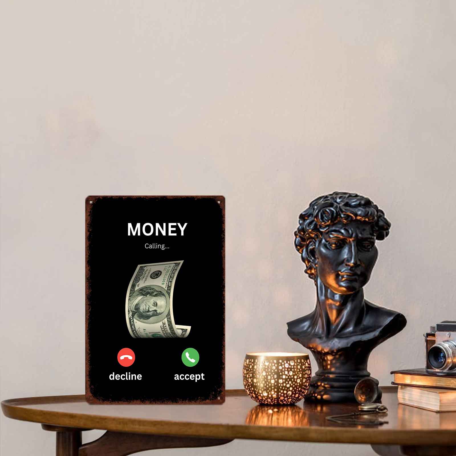 Laser-Etched Full Metal Decorative Wall Plaque - 8x12 in Aluminium Elevated Custom Engraved Motivational Home Sign, Funny Money Calling Vintage Hustle Quote Decor for Office, Home Decor Products, Room Accessories, Custom Engraved Home Signs