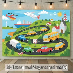 2D Flat, 1pc Rural Landscape & Transportation Theme All-Season Banner - Multicolor 2D Farm Animal & Country Vehicle Decorations, Durable Polyester Fabric for Indoor/Outdoor Parties, Weddings, Birthdays, Room De