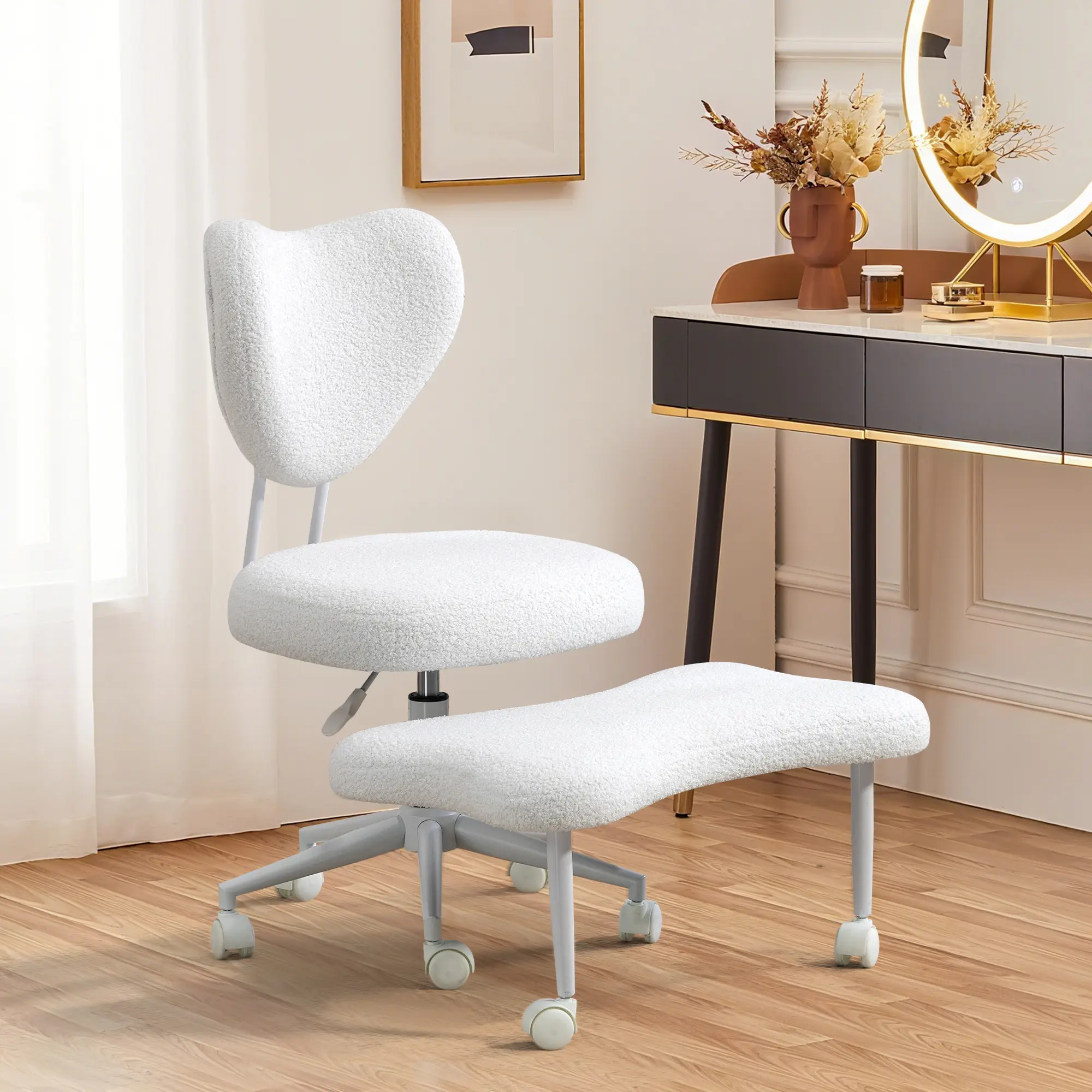 Nokaa Ergonomic Cross-Legged Kneeling Chair with Lumbar Support, Height-Adjustable Seat Cushion, Teddy Fabric & Metal Wood Frame, 360° Swivel Casters, Modern Office Meditation Chair, Beige