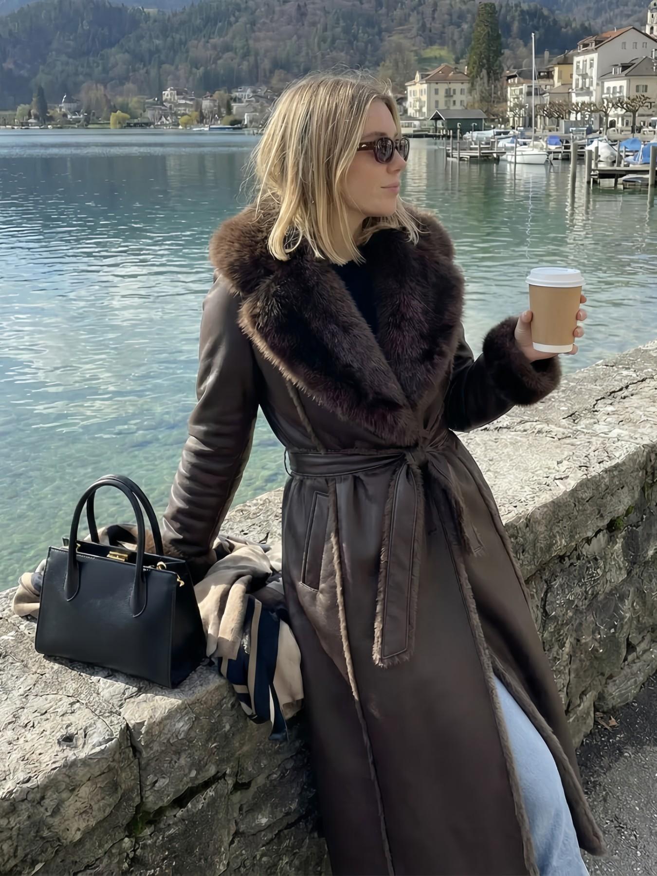 Women's Winter Fashion Fake Fur Coat, Long Sleeve Loose Fit Medium-Length Jacket, Vintage Style Artificial Leather Outerwear
