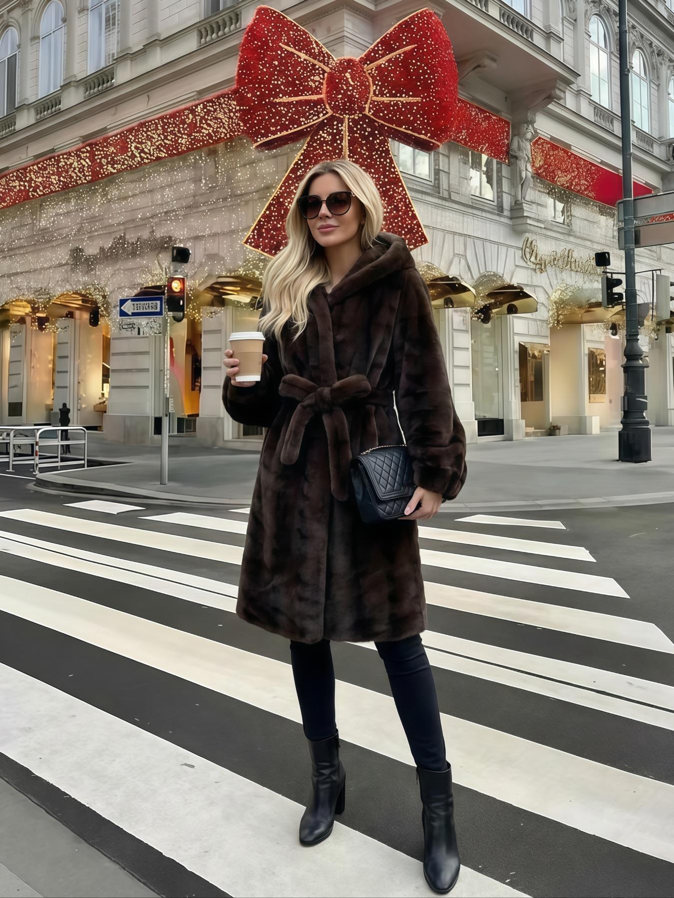 Women's Faux Fur Coat, Winter Fashionable Long Sleeve Hooded Jacket, Casual Loose Fit Medium-Length Outerwear for Daily Wear