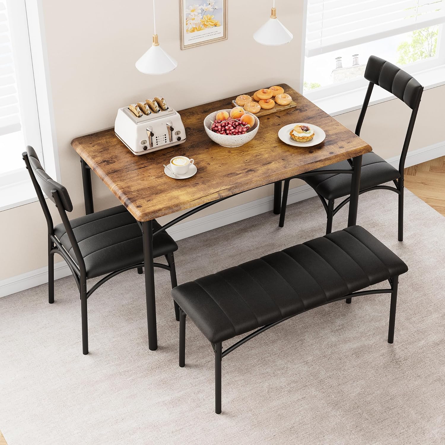4-Piece Dining Set for 4 with Table, 2 Chairs & Upholstered Bench, Rectangular Wood Kitchen Table for Small Spaces, Apartments & Breakfast Nook 4-Piece Dining Set for 4 with Table, 2 Chairs & Upholstered Bench, Rectangular Wood Kitchen Table for Small Spaces, Apartments & Breakfast Nook