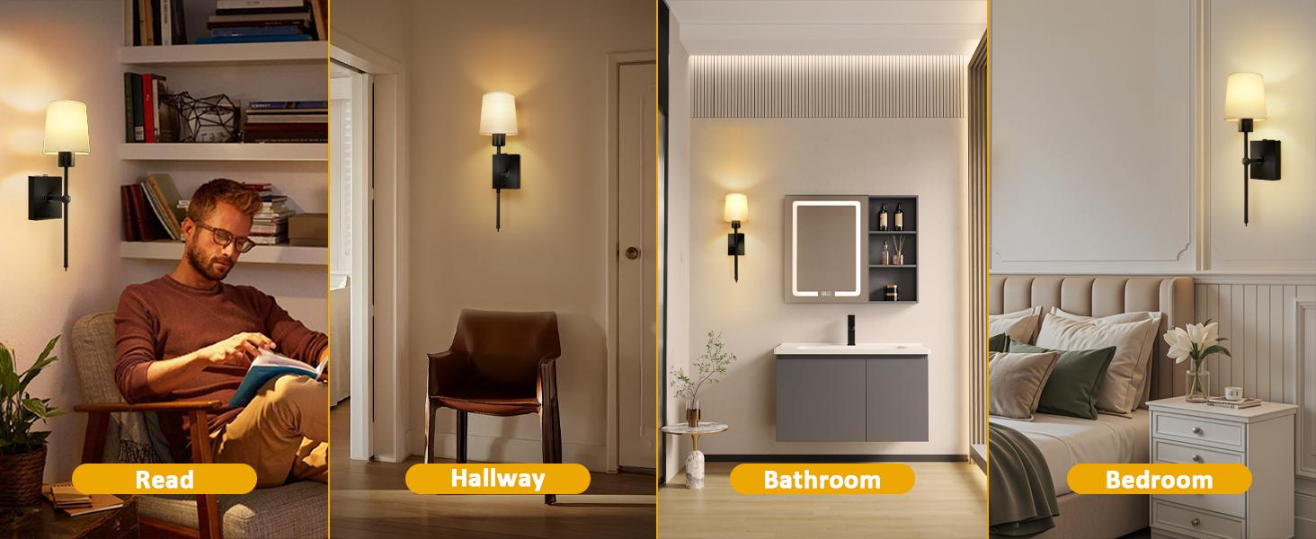 Wireless Rechargeable Wall Sconces w/ Remote | Adjustable Brightness | Ambient Lighting, Set of 2 | White Fabric Shade, Indoor Wireless Lamp For Bedroom Living Room