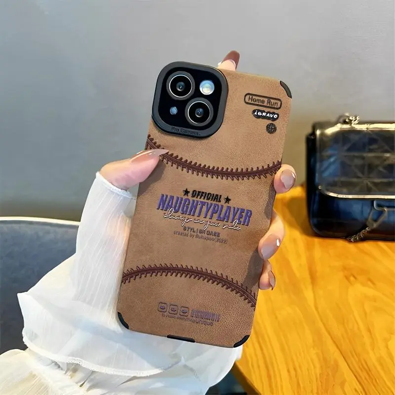 Minimalist sporty phone case suitable for iPhone 17, 16, 15, 14 Pro Max, 13, 12, 11, XS Plus, with a baseball pattern, made of premium leather, reinforced drop protection design, suitable for men.HM158