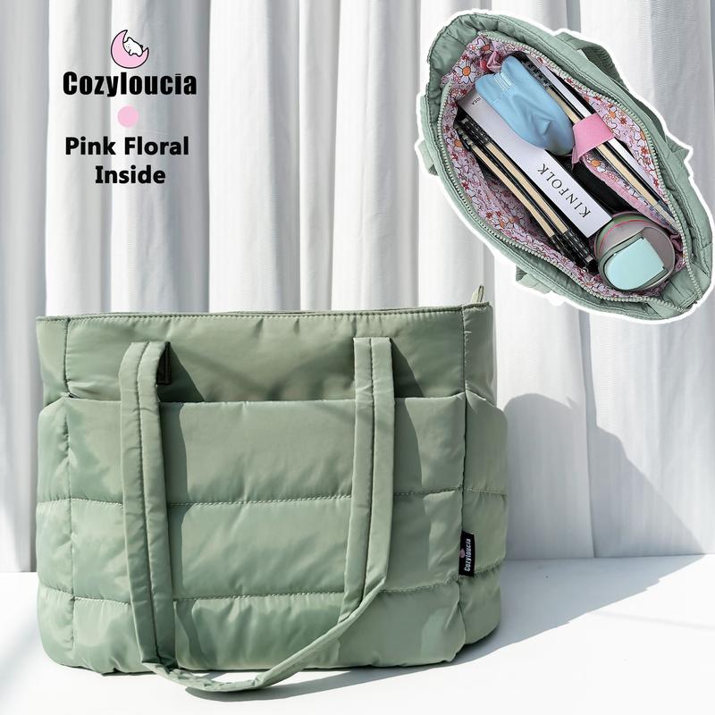 CozyLoucia Cute Puffer Tote Bag for Women Pink Flower Print Interior Laptop Shoulder Handbag, Lightweight Best Tote Bag for Work with Multiple Compartments for Travel , Work  and School ,Christmas Gift Ideas