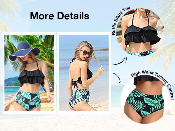 Tempt Me Women Two Piece Swimsuit High Waisted Ruffled Bikini Juniors Swimsuits for Teen Girls Ruffle Tummy Control Bottoms Halter Bathing Suits with Moderate Coverage Bottom Swimwear