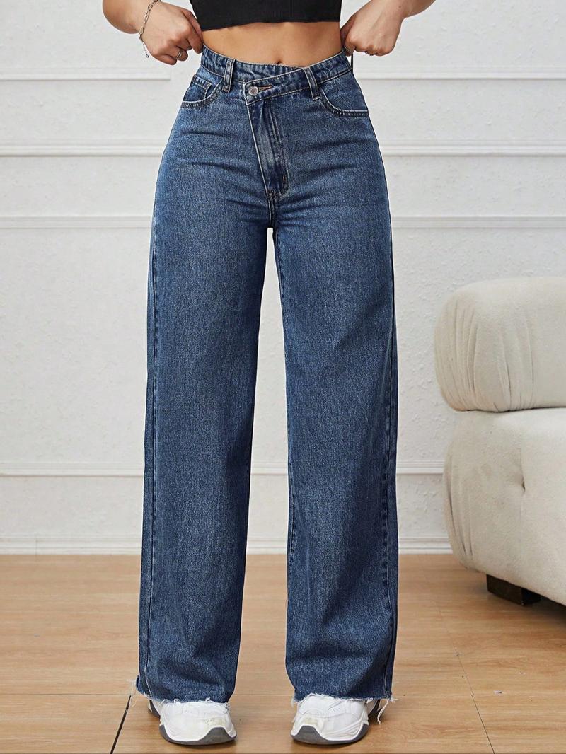 Women's Vintage Denim Jeans, Diagonal Button Design, Ultra-Long Straight Wide Leg, Casual Style, All Seasons Daily Wear