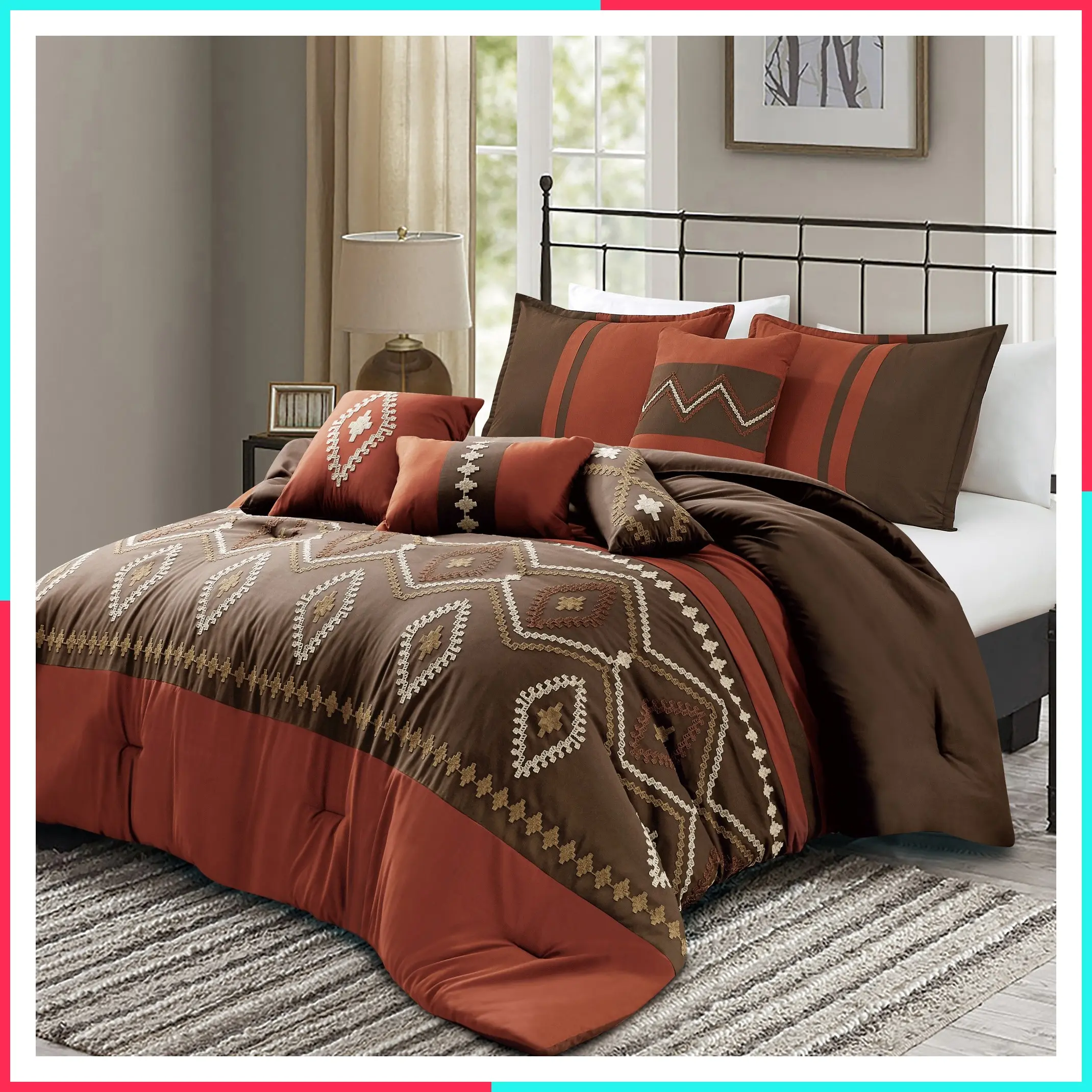 7-Piece Southwestern Comforter Set – Brown & Rust Embroidered Bedding with Decorative Pillows | Soft, Warm & Elegant All-Season Bed Set | Queen / King Size | Boho Western Style Bedroom Decor