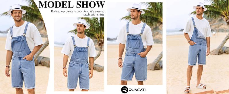 Runcati Men's Denim Shorts Bib Overall Jean Romper Casual Loose Fit Walkshort Button Pockets Summer Jumpersuit