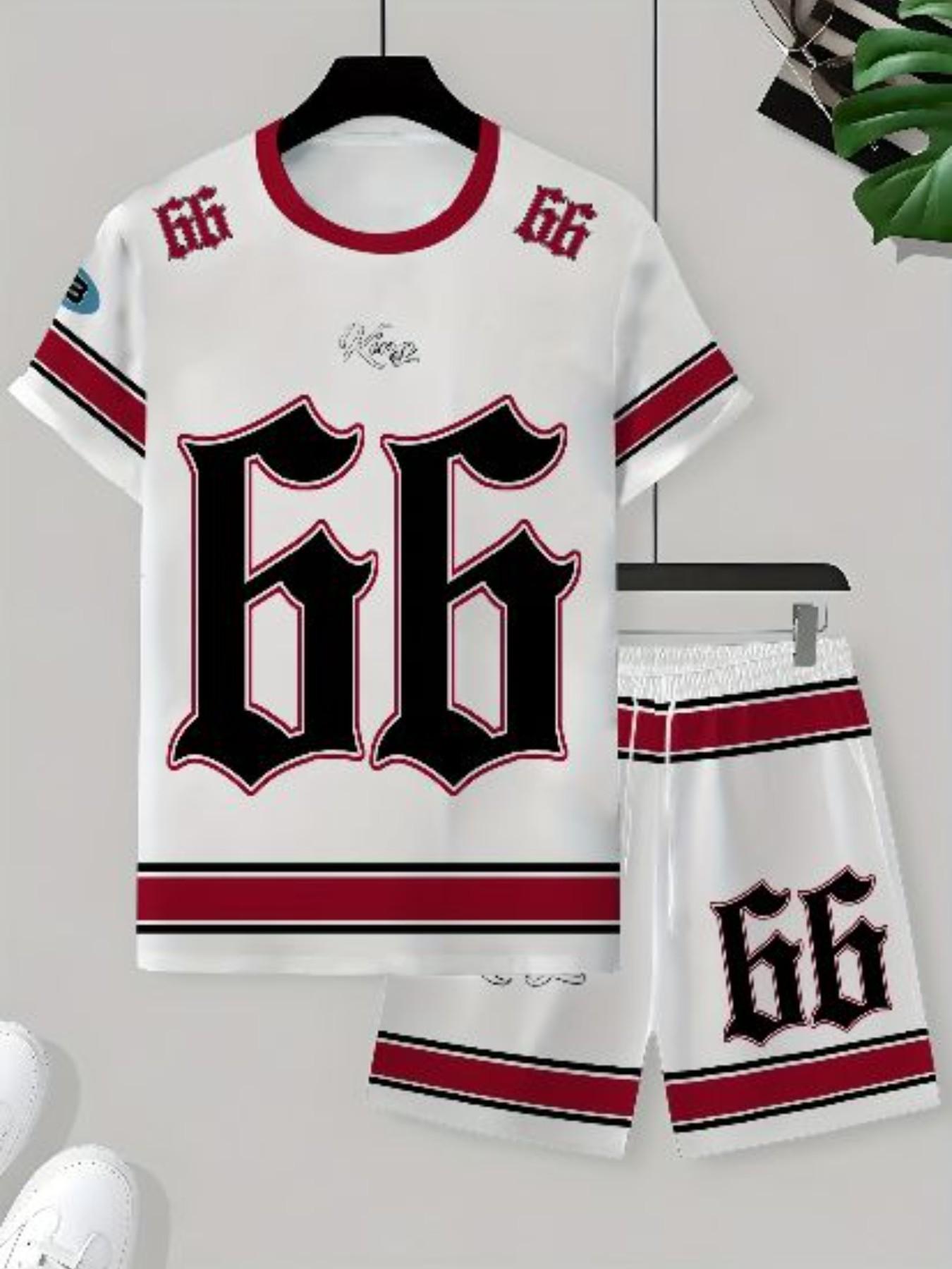 Summer Adult Men's T-Shirt and Shorts Set, Striped Patchwork 66 Number Sports Digital Print, Casual Daily Wear, 2-Piece