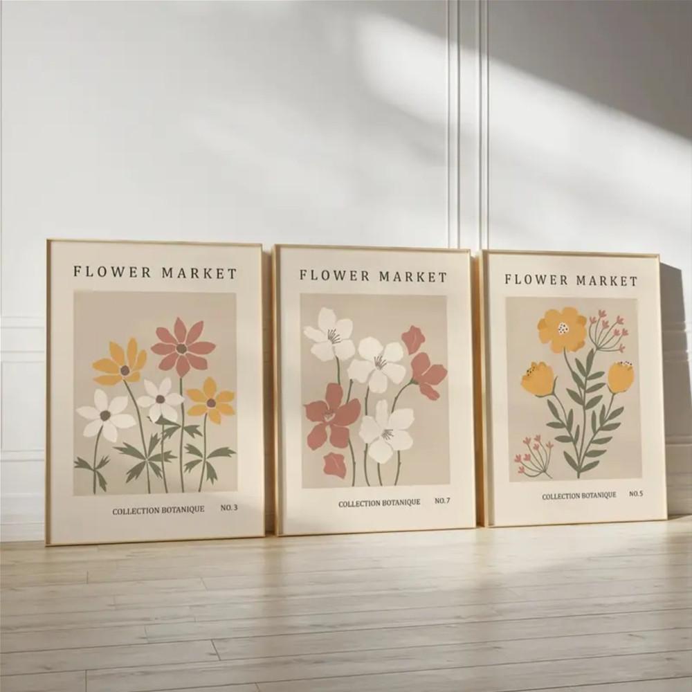 3-Piece Optional Wooden Frame Bohemian Abstract Flower Market Plant Poster Moisture-proof Canvas High Saturation No Color Difference Nordic Living Room Mural