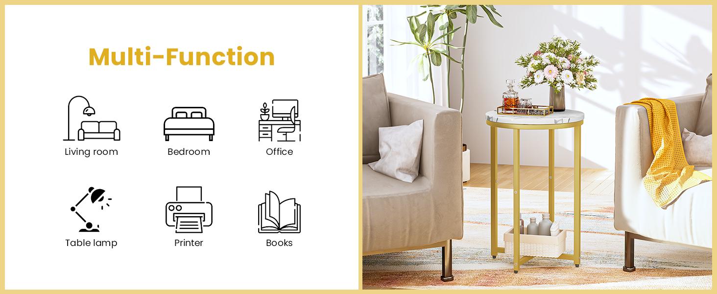 AWQM White, Black & Gold 3-Tier End Table, Faux Marble Round Side Table with Metal Frame, Nightstand for Bedroom & Small Spaces
