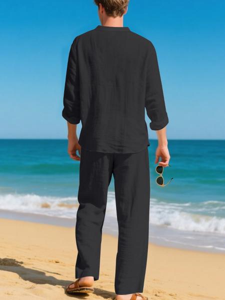 Men's High-Quality Linen Set, Beach Button Shirt & Casual Loose Pants, Spring Summer Wear, Comfortable Breathable Fabric Clothes