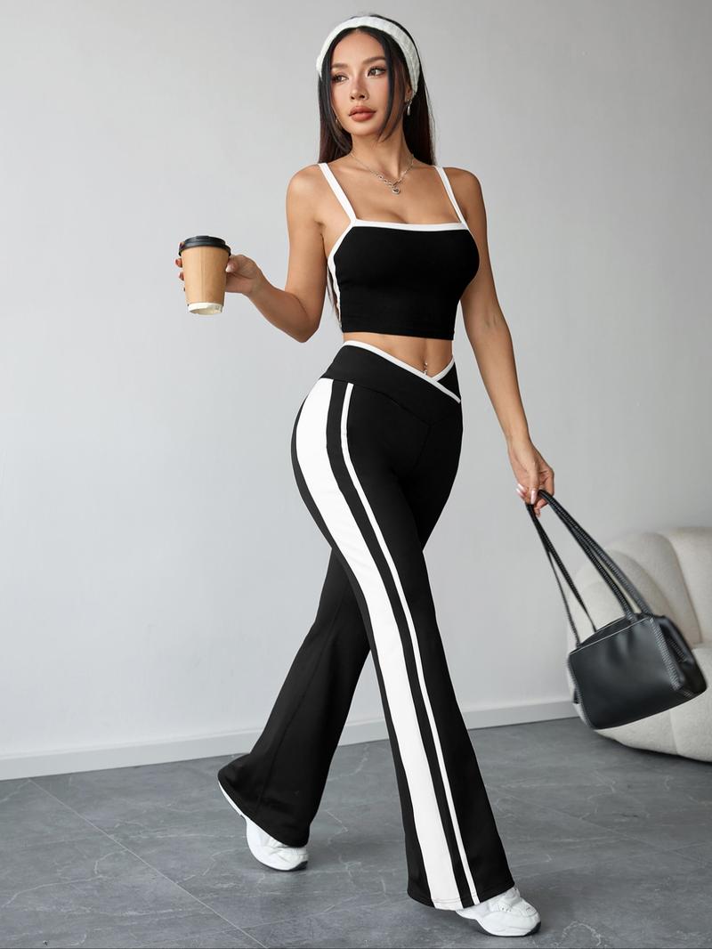 Women's Colorblock Yoga Flare Pants, Gym Sportswear Bottoms, Knitted Fleece Casual Long Pants for Fall Winter, Ladies Fashion Clothing