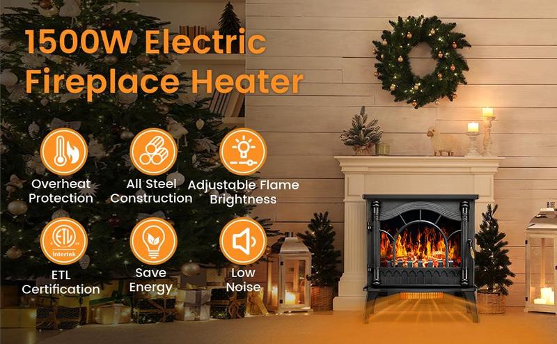 COWSAR Electric Fireplace Stove, Freestanding Fireplace Heater with Realistic Flame, 1000/1500W Fireplace Heater, Overheating Safety Device, Thermostat, Adjustable Flame Brightness