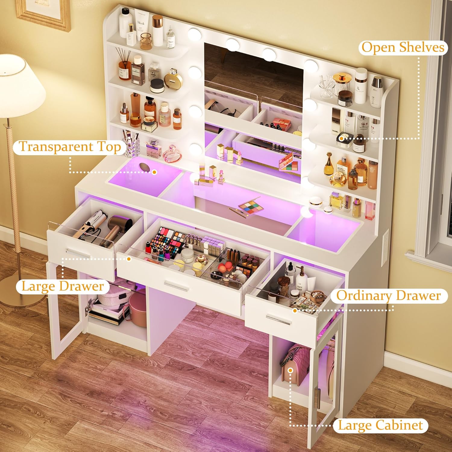 Vanity Desk, Makeup Vanity Desk with Mirror and Lights 3 Colors, Transparent Top with 3 RGB Drawers, 6 Shelves, 2 Large Tempered Cabinets, Power Outlet, for Bedroom, White