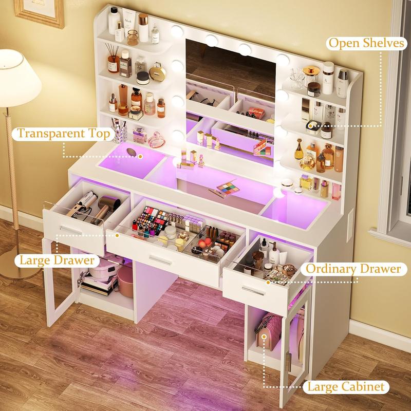 Vanity Desk, Makeup Vanity Desk with Mirror and Lights 3 Colors, Transparent Top with 3 RGB Drawers, 6 Shelves, 2 Large Tempered Cabinets, Power Outlet, for Bedroom, White